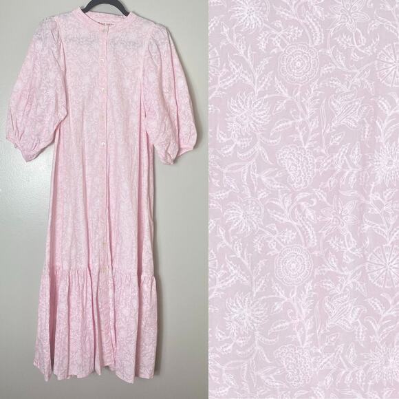 TUCKERNUCK RO'S GARDEN DRESS S PINK PETAL FLIRTY FLORAL COTTON MIDI TIERED BOHO - Picture 1 of 14